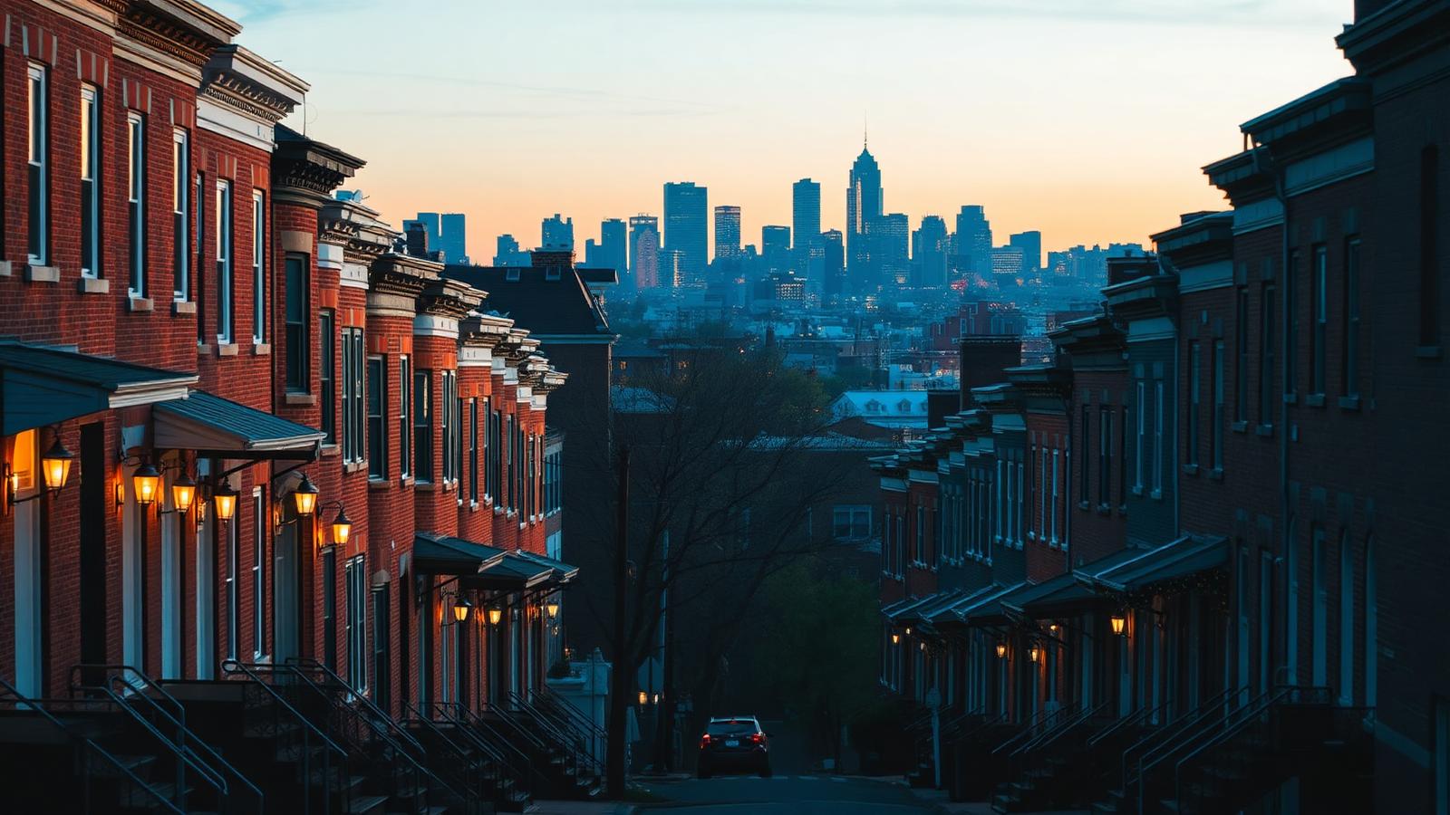 Philadelphia rowhome street at dusk with the skyline behind