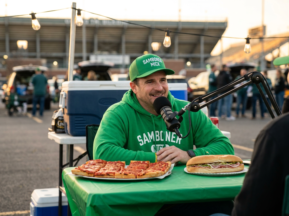 Mick McKenzie in a Samboners hat hosting The Samboner Show at a tailgate table with a microphone, tomato pie and a hoagie