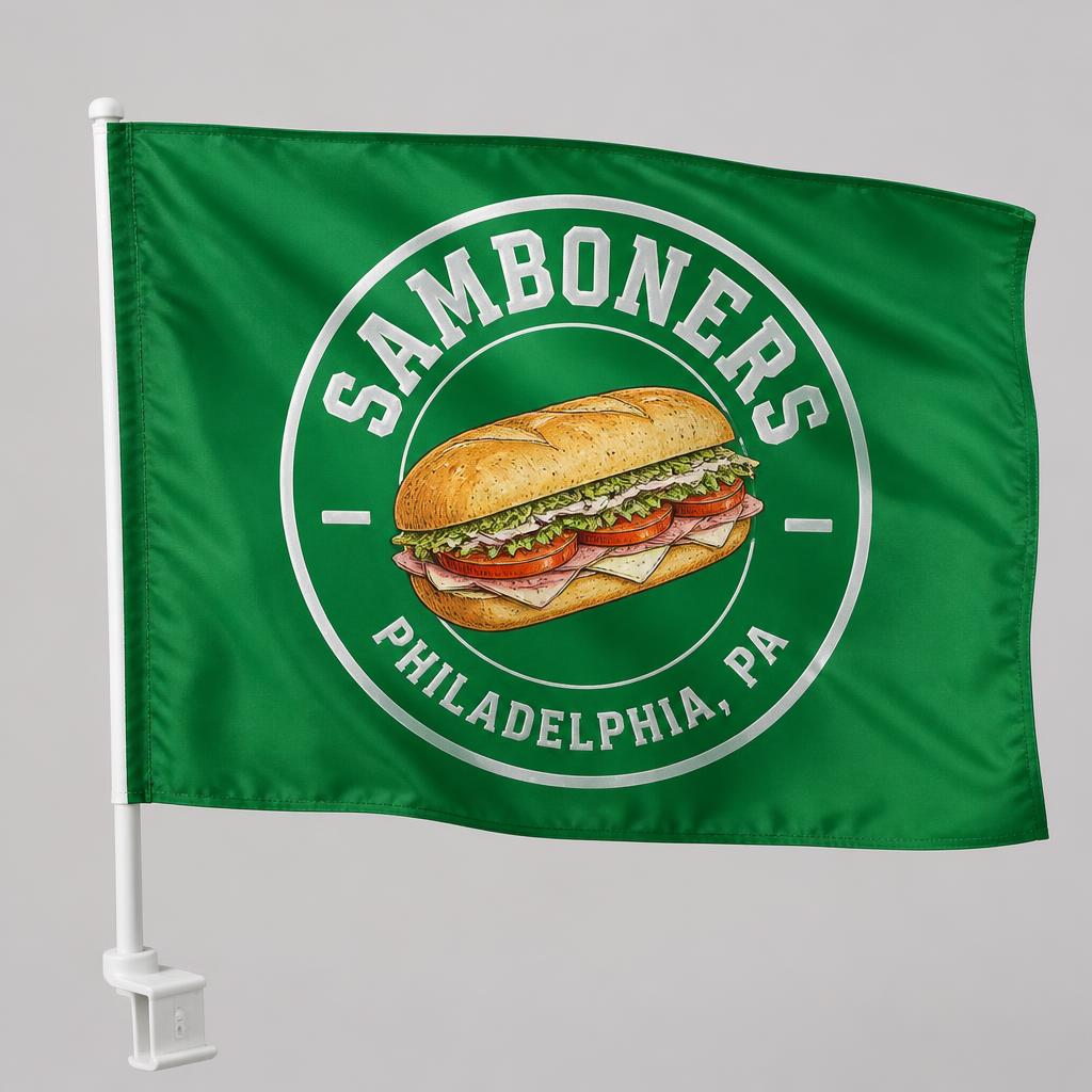 Kelly green Samboners tailgate flag with silver wordmark