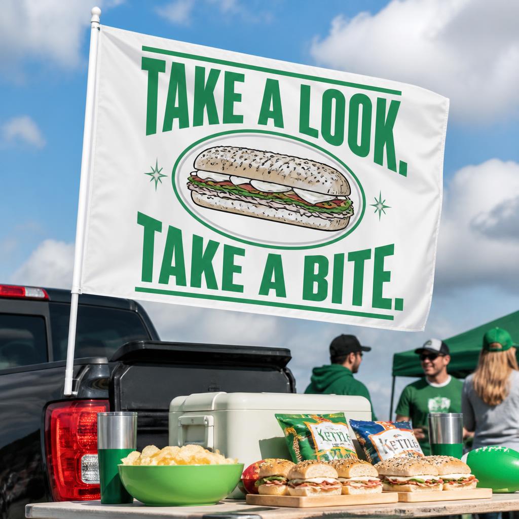 Take a look take a bite Samboners tailgate flag
